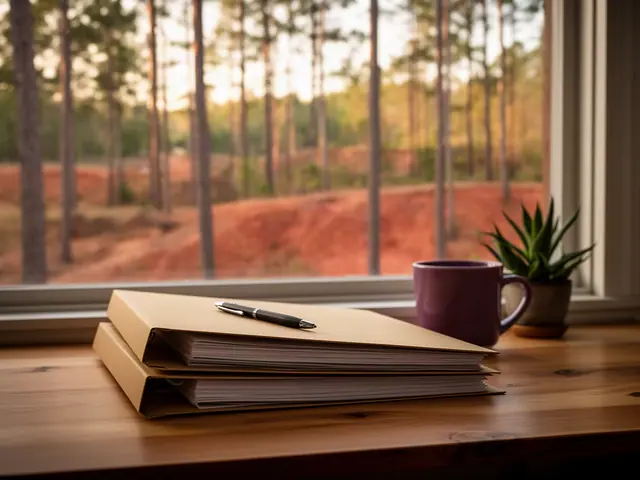 A neat stack of closed manila folders and a pen on a desk by a window.