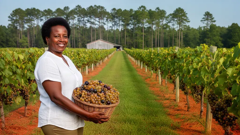 A smiling vineyard owner holding a basket of bronze muscadines in a sunny vineyard row lined with tall pines.